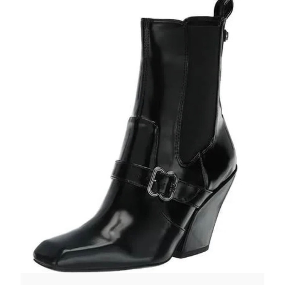 Sam Edelman Suzette Black Patent Square Toe Buckle Block Heel Ankle Boots 8.5M‎